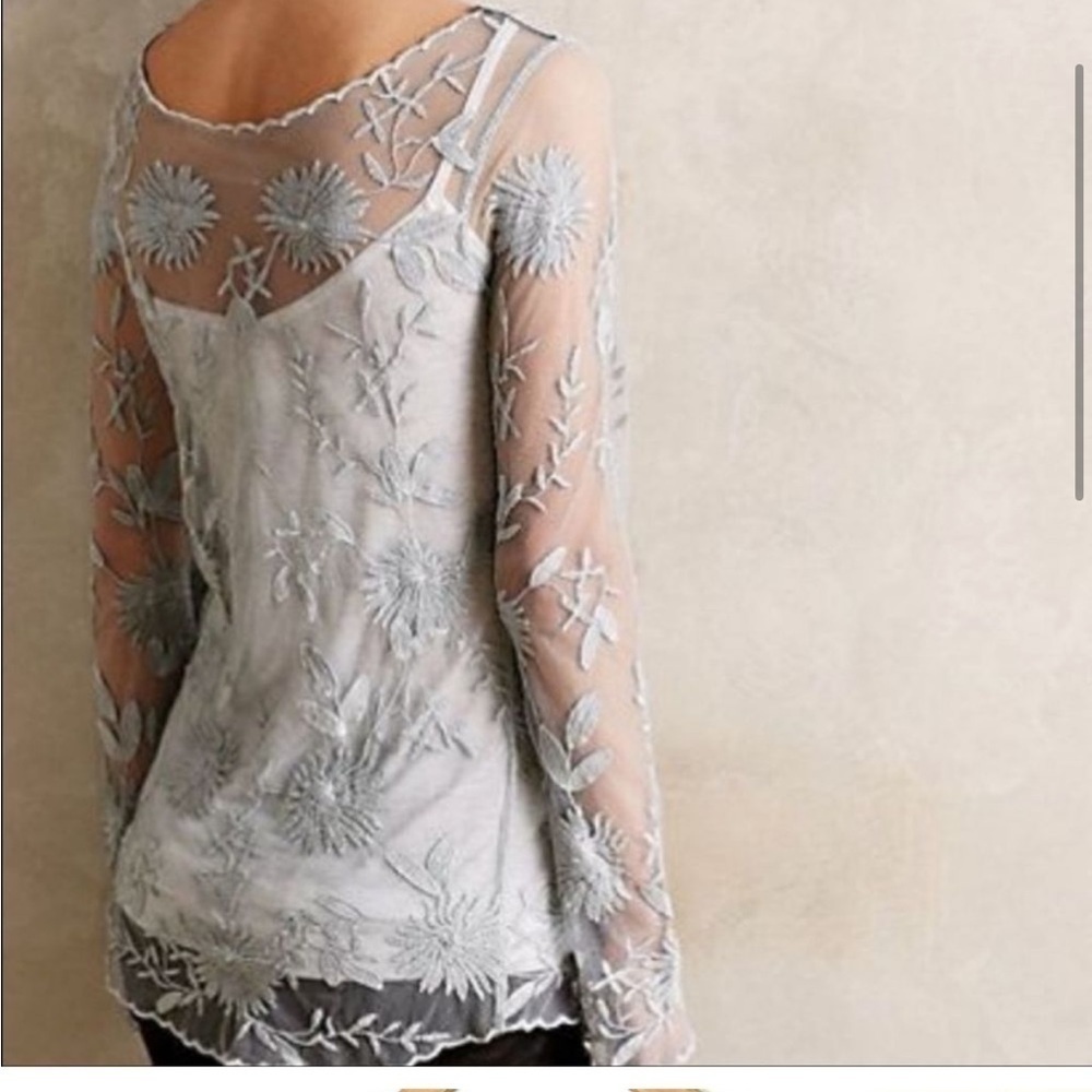 Everleigh Gray Sheer Lace Long Sleeve Blouse XS
